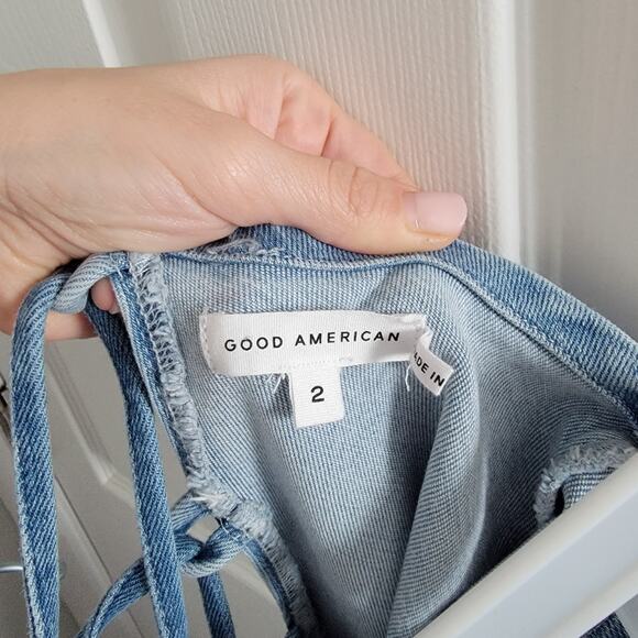 Good American Vacay Denim Jumpsuit Lace Up Back Flare Leg Stretchy Size 2 - Picture 10 of 10